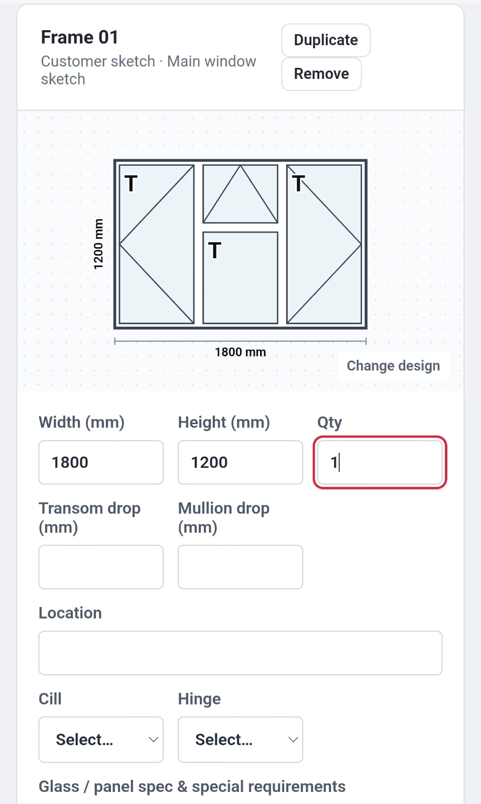 Real Fenestriq Studio frame created from the sketch, showing the four-pane layout, 1800 mm width, 1200 mm height and editable specification fields