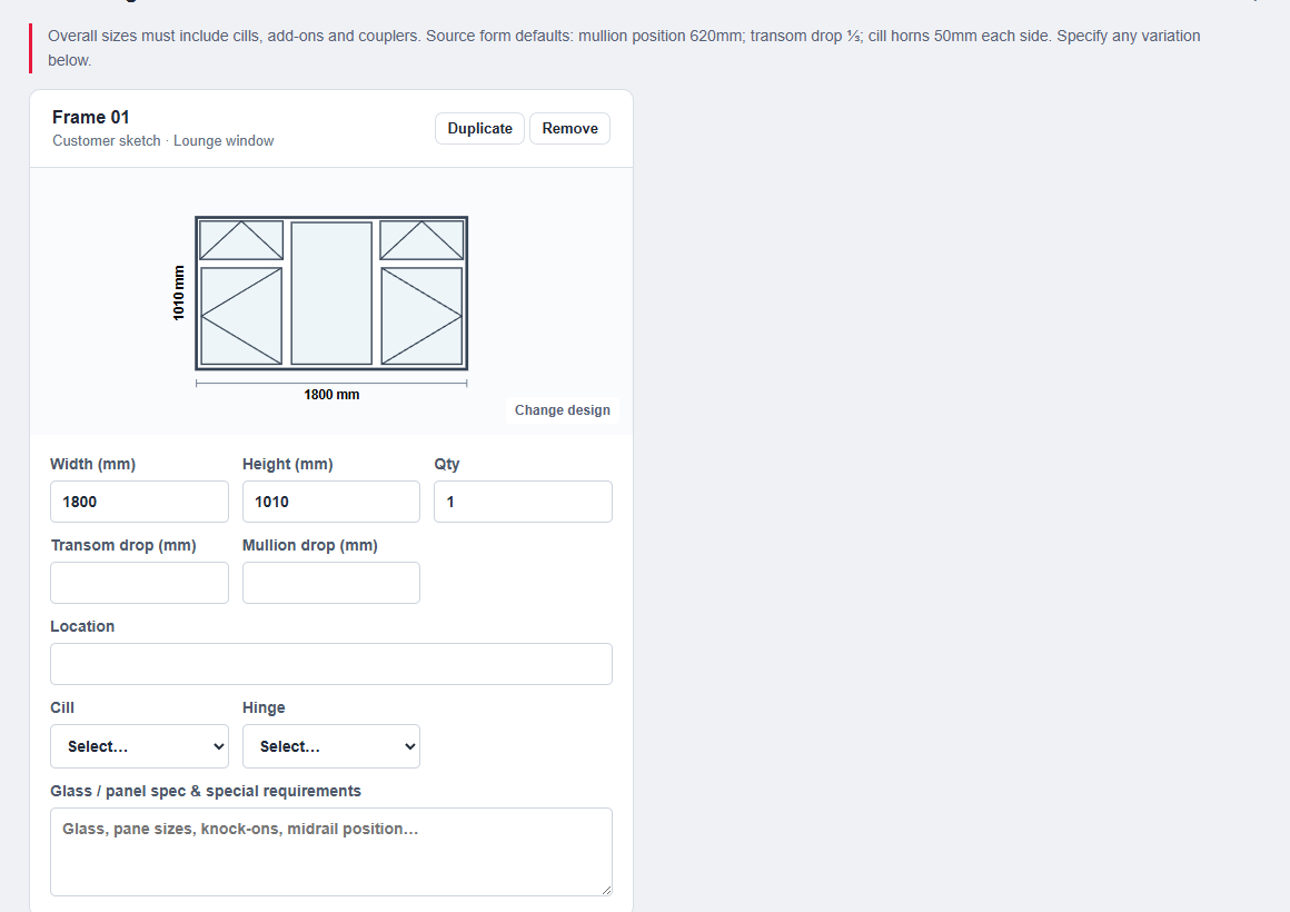 Fenestriq window drawing with five panes, opening directions and dimensions of 1800 by 1010 millimetres
