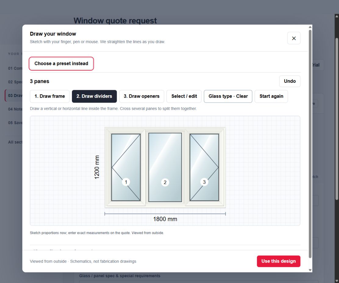 Fenestriq drawing workspace with an editable three-pane window and profile detail